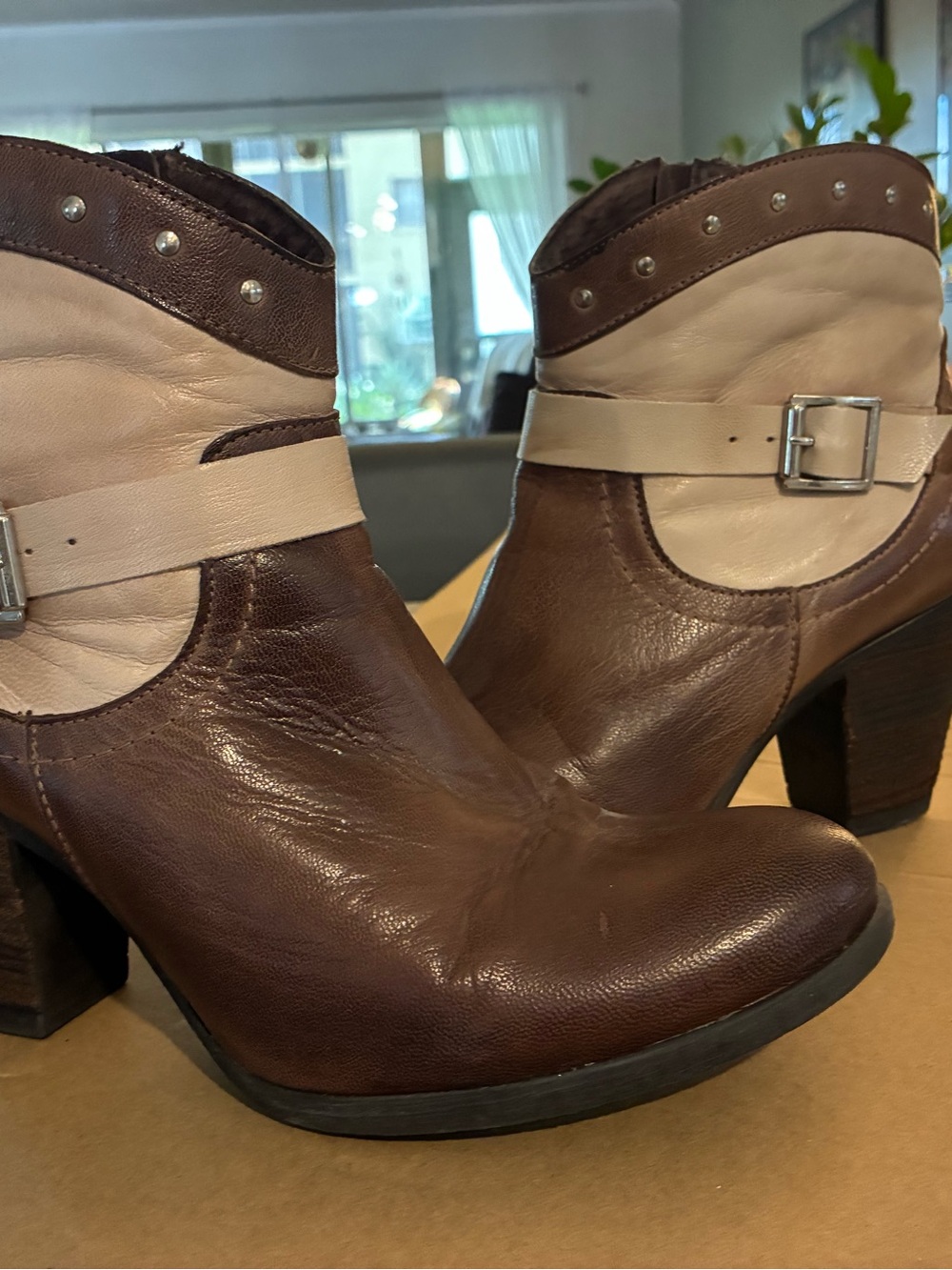 Eric Michael  Brown and Cream Leather Ankle Booties with Buckle